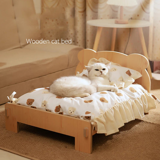 Wooden Cat & Dog Sleeping Bed, Teddy Bear Pattern with Comfortable Floor-Level Design - Bond Well Supplies