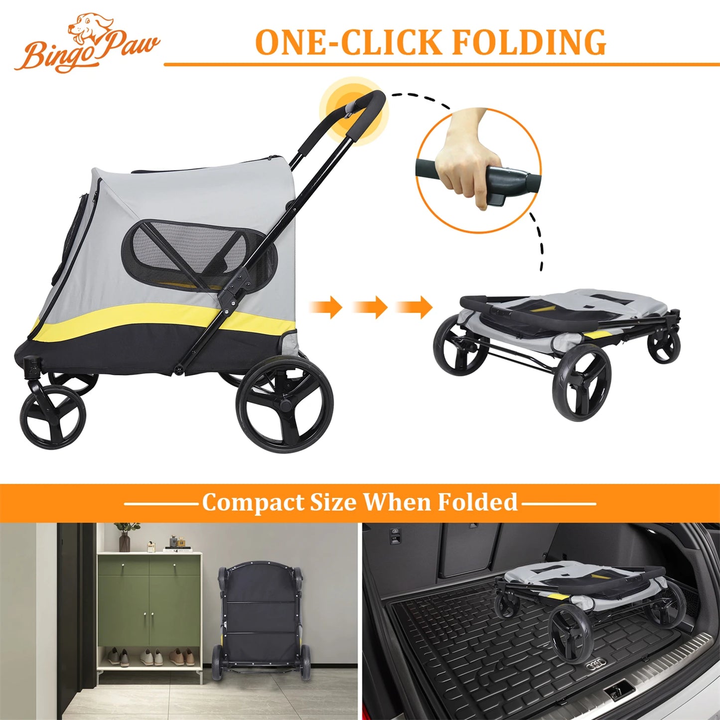 Foldable Dog Stroller for Small to Large Dogs, 4-Wheel Pet Jogging Carriage with Breathable Visible Mesh