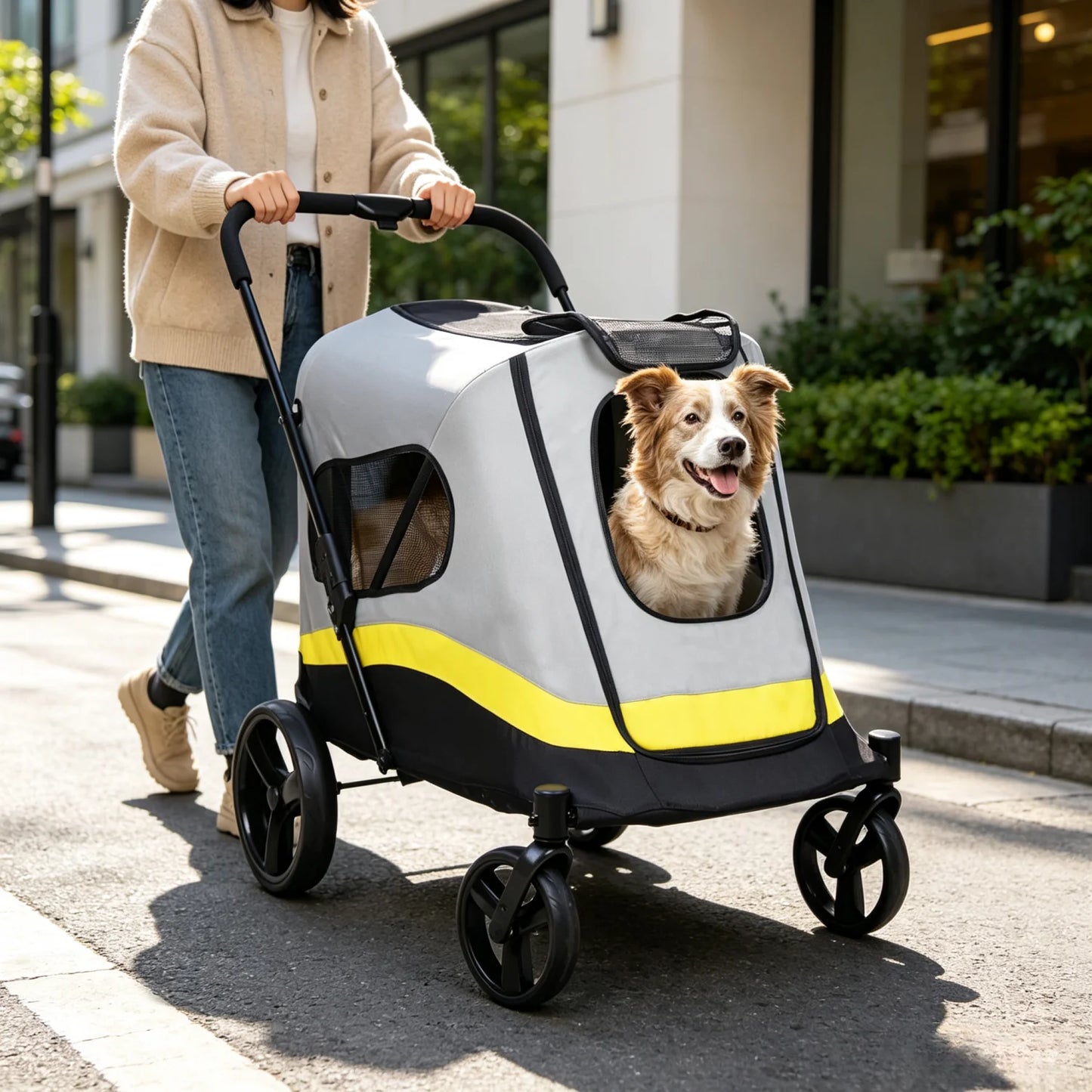 Foldable Dog Stroller for Small to Large Dogs, 4-Wheel Pet Jogging Carriage with Breathable Visible Mesh