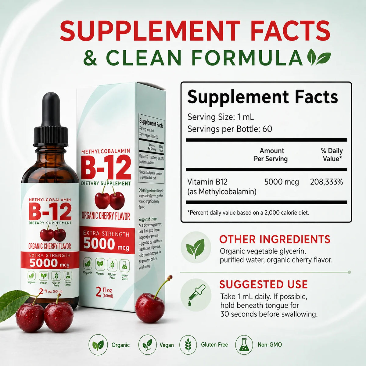 Vitamin B12 Liquid Supplement 5000mcg, Methylcobalamin Sublingual Drops, Cherry Flavor, Vegan & Sugar-Free, 60ml - Bond Well Supplies
