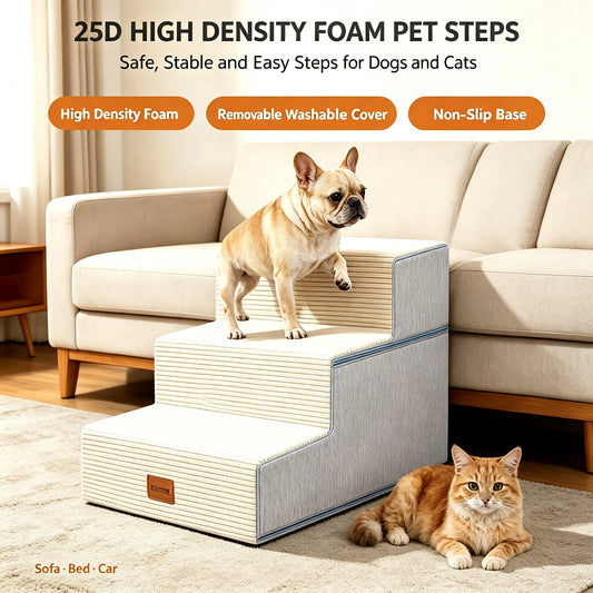 High-Density Foam Dog Stairs, 3-Step Non-Slip Pet Steps for Bed, Couch, Sofa & Chai - Bond Well Supplies