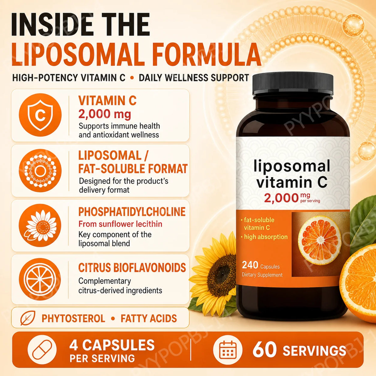 High-Absorption Liposomal Vitamin C 2000mg, Fat-Soluble Capsules, Non-GMO & Gluten-Free, 240 Count - Bond Well Supplies