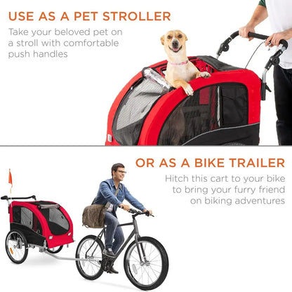 Pet Bike Trailer for Dogs, 2-in-1 Bicycle Carrier & Stroller with Hitch, Suspension and Safety Flag, 66 lb Capacity