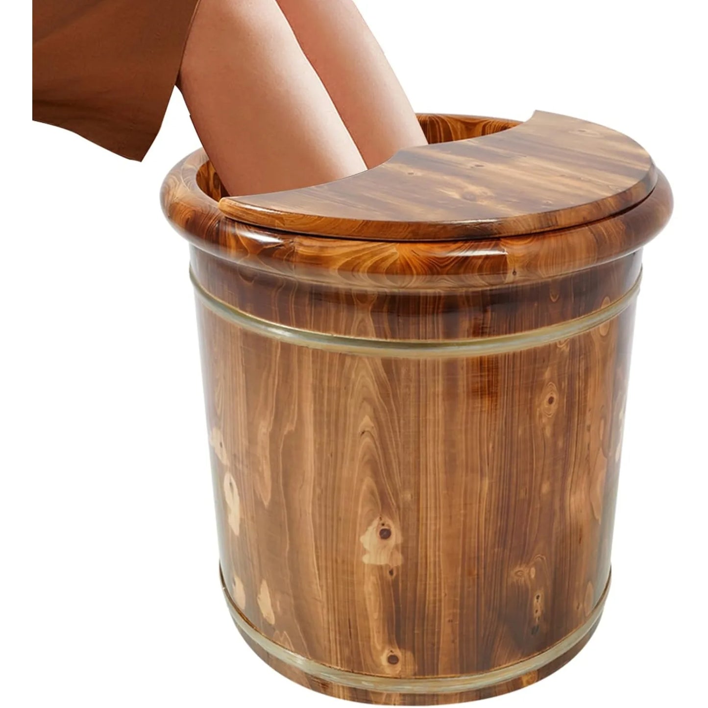 Wooden Foot Bath Bucket with Lid, Foot Soaking Tub & Pedicure Basin for Home Spa, Brown