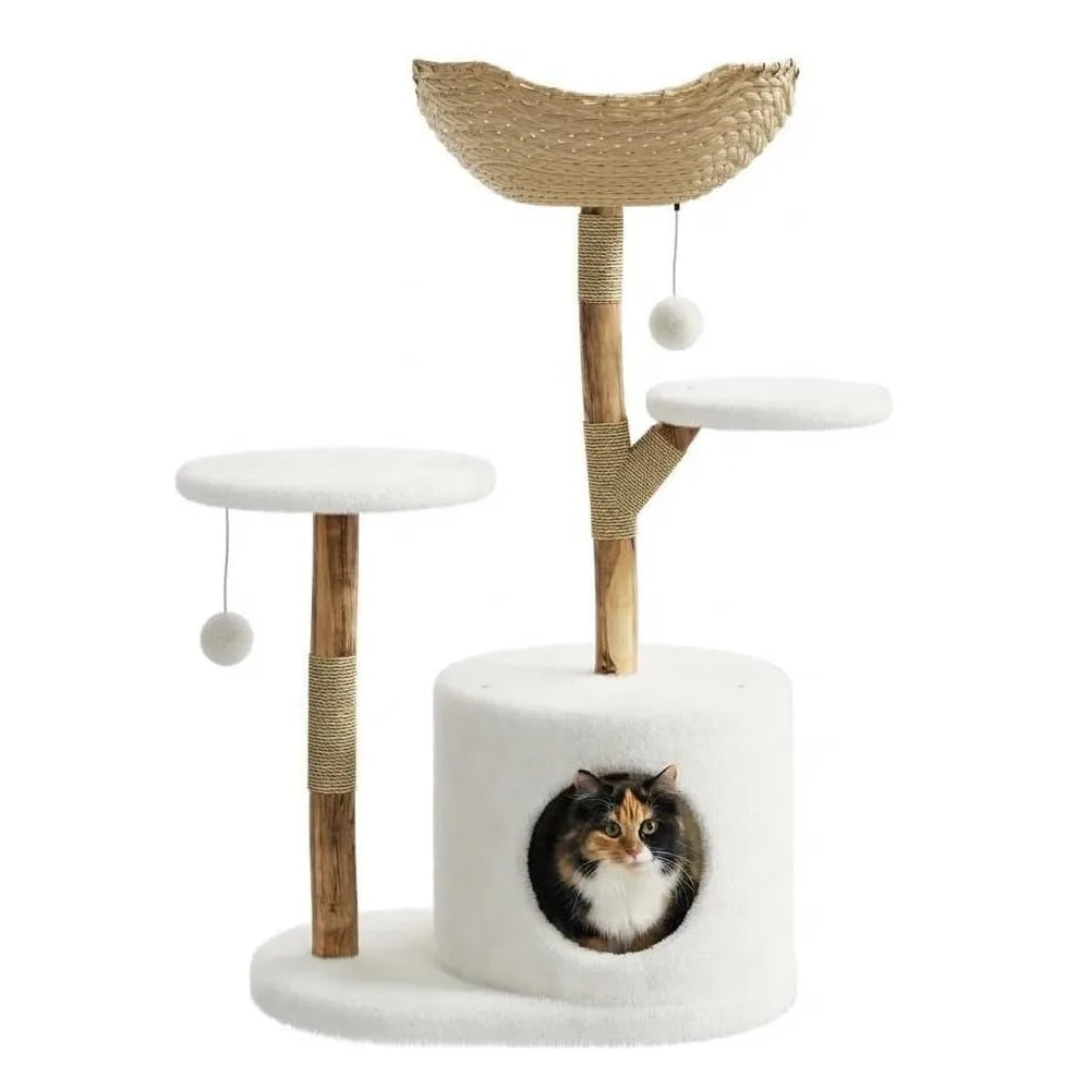 Large Rattan Cat Tree, 43-Inch Wooden Multi-Level Activity Center with Perches for Indoor Cats - Bond Well Supplies