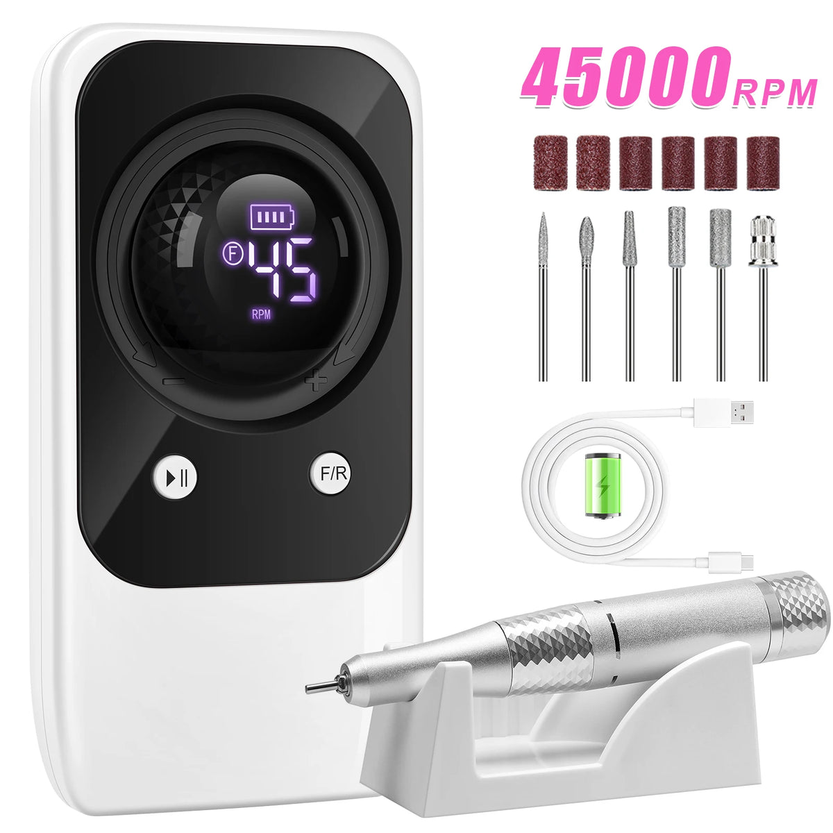 Rechargeable 45000RPM Electric Nail Drill, Portable Nail File for Acrylic Nails & Nail Art - Bond Well Supplies