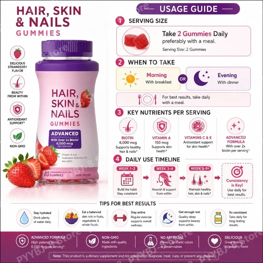 Strawberry Biotin Gummies 6000mcg, Vitamin Support Supplement for Healthy-Looking Hair, Skin & Nails, 80 Count - Bond Well Supplies