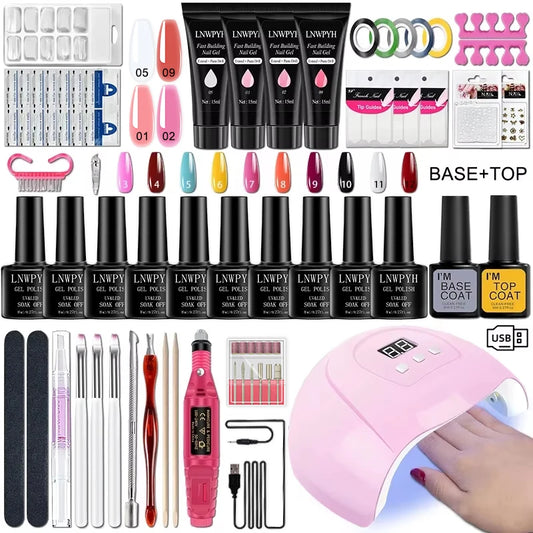 Complete UV Gel Nail Kit, Electric Nail Drill Machine, Soak-Off Gel Polish with Base Coat, Top Coat & Nail Tools - Bond Well Supplies