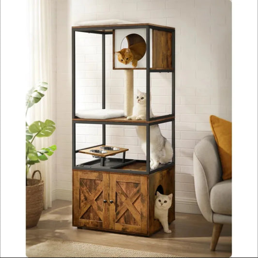 Wooden Cat Cabinet Bedside Table with Cat House & Dog Den, Multifunctional Pet Furniture for Home - Bond Well Supplies