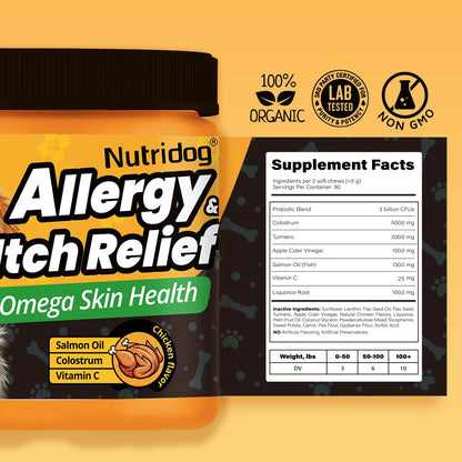 NUTRIDOG Dog Allergy & Itch Relief Chews, Skin and Immune Support Supplement, 90 Count