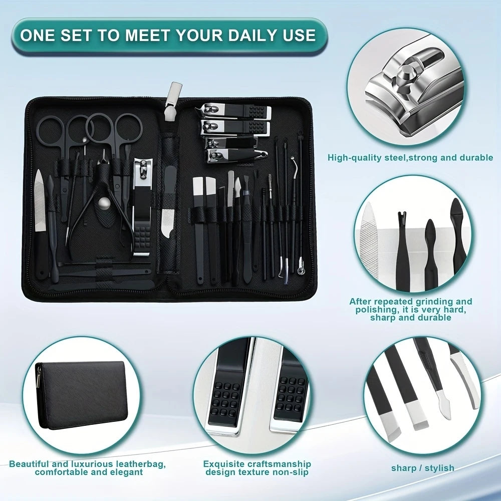 Complete 30-Piece Nail Clipper Kit, Stainless Steel Manicure & Pedicure Tools with Portable Travel Grooming Case - Bond Well Supplies