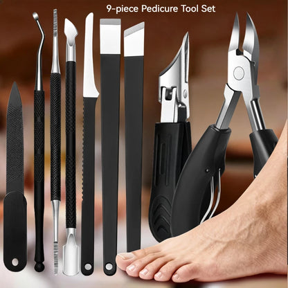 Stainless Steel Pedicure Tool Kit, 9-Piece Professional Foot Care Set with Foot Scraper, Nail File & Cuticle Nipper - Bond Well Supplies