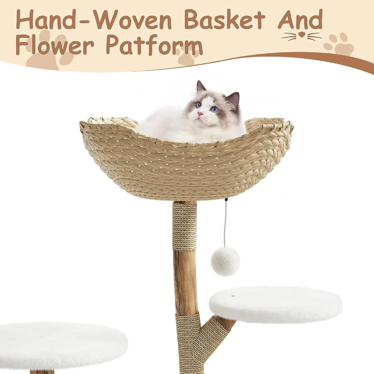 Large Rattan Cat Tree, 43-Inch Wooden Multi-Level Activity Center with Perches for Indoor Cats - Bond Well Supplies