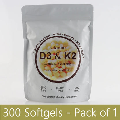 Extra Strength Vitamin D3 K2 Softgels, 10,000 IU D3 & 200mcg MK-7, Virgin Coconut Oil - Bond Well Supplies