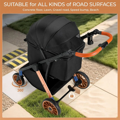 Pet Travel Stroller for Dogs and Cats with Shock-Absorbing Wheels, Foldable Design and Sun Shade