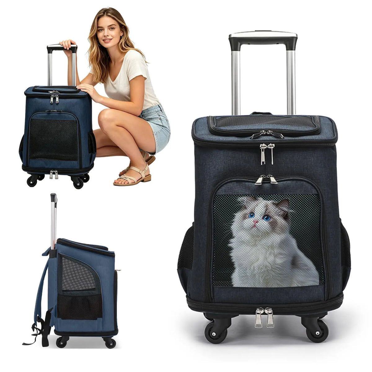 Airline-Approved Pet Carrier Backpack, 3-in-1 Rolling Design with Removable Pad for Cats & Small Dogs
