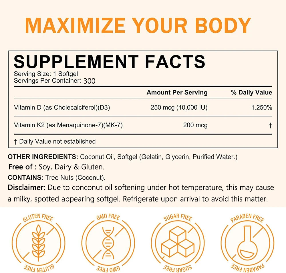 Extra Strength Vitamin D3 K2 Softgels, 10,000 IU D3 & 200mcg MK-7, Virgin Coconut Oil - Bond Well Supplies