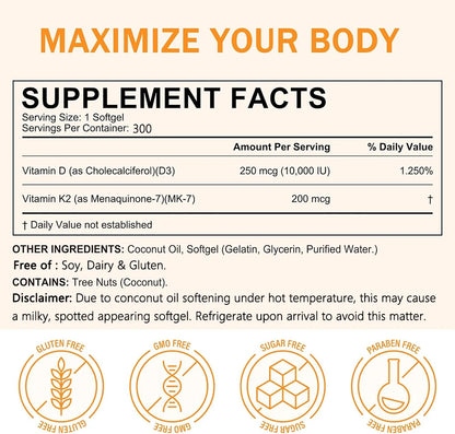 Extra Strength Vitamin D3 K2 Softgels, 10,000 IU D3 & 200mcg MK-7, Virgin Coconut Oil - Bond Well Supplies