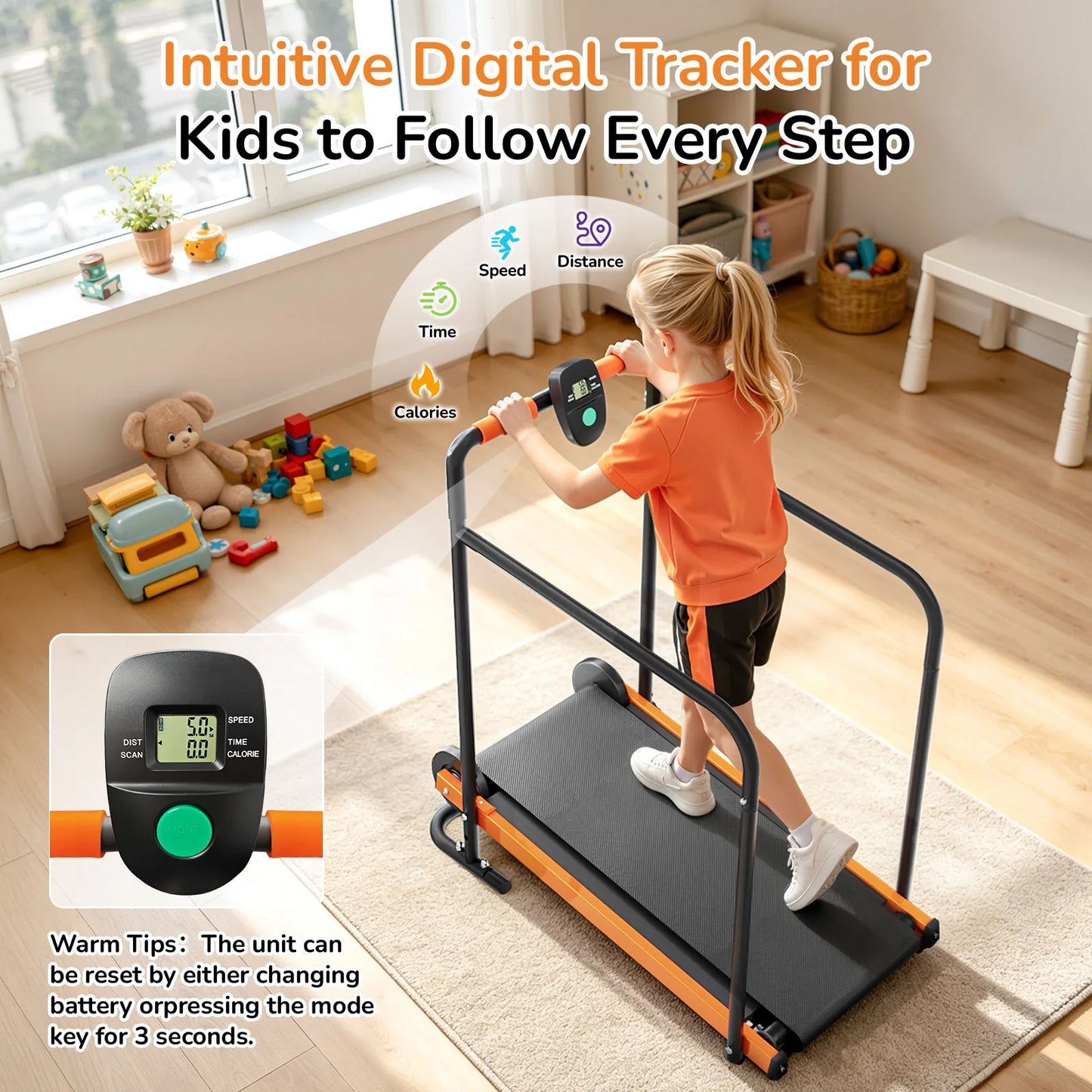 Kids Self-Propelled Walking Pad Treadmill, Non-Electric Indoor Exercise Equipment with Padded Front Handlebar