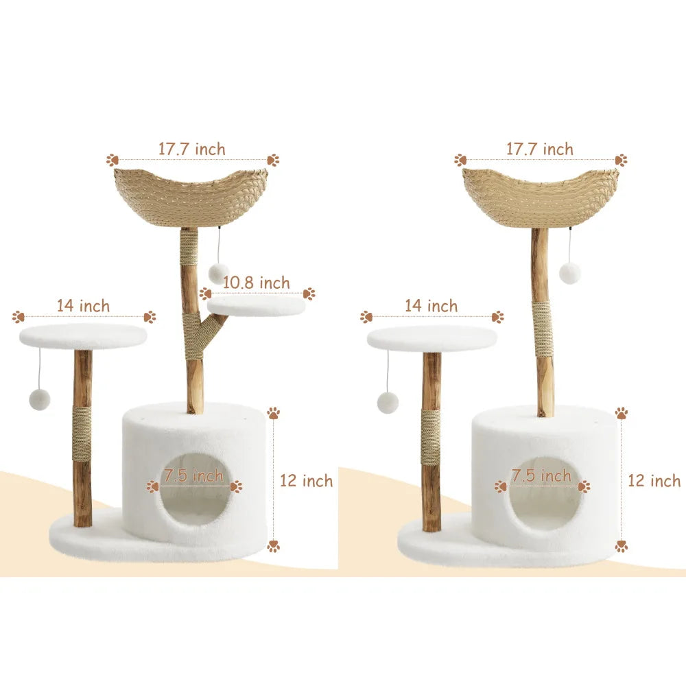 Large Rattan Cat Tree, 43-Inch Wooden Multi-Level Activity Center with Perches for Indoor Cats - Bond Well Supplies