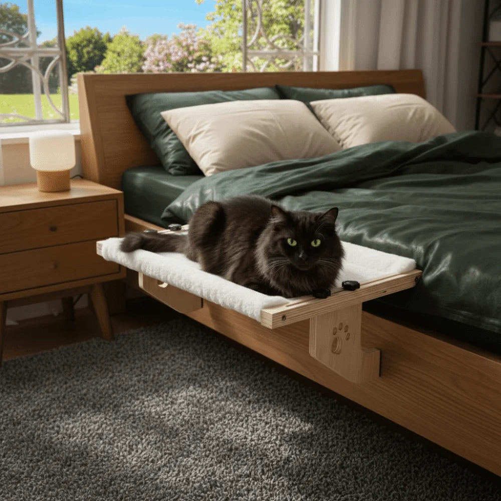 Cat Window Hammock, Durable Wooden Frame Hanging Bed with Paw Print Design for Indoor Cats - Bond Well Supplies