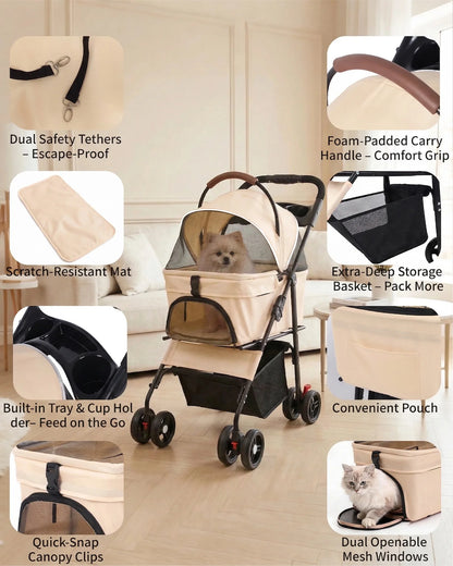 2-in-1 Pet Stroller for Small Dogs and Cats, Foldable with Removable Carrier