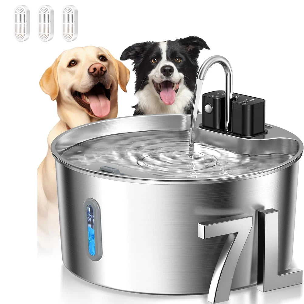 Wireless Rechargeable 7L Cat & Dog Water Fountain, Stainless Steel Automatic Sensor Pet Drinking Dispenser