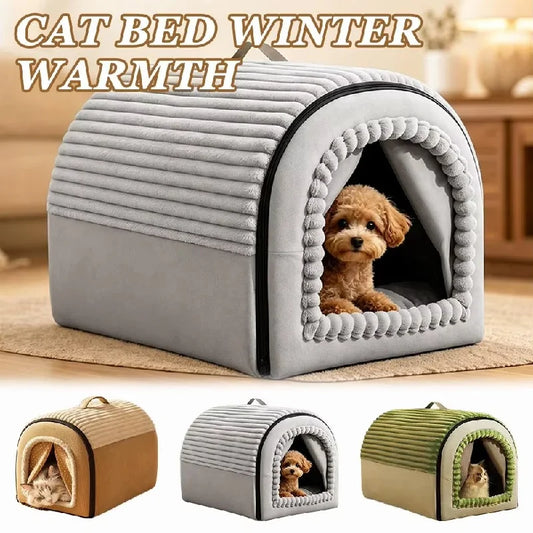 Winter Pet Tent Bed, Warm Enclosed Sleeping House with Washable Door Curtain for Cats & Dogs - Bond Well Supplies