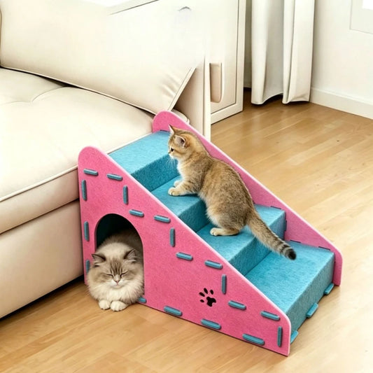 Sturdy Pet Staircase for Dogs & Cats, Anti-Slip Climbing Steps with Cat Scratcher & Bed - Bond Well Supplies