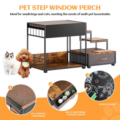 Multi-Level Dog Bunk Bed with Steps & Storage Drawer, Elevated Pet Lounge for Small & Medium Dogs & Cats - Bond Well Supplies
