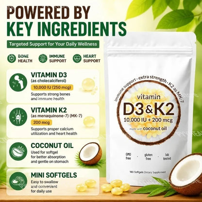 Vitamin D3 K2 Softgels with MK-7 & Coconut Oil, 10,000 IU + 200mcg, Bone & Immune Wellness Support - Bond Well Supplies