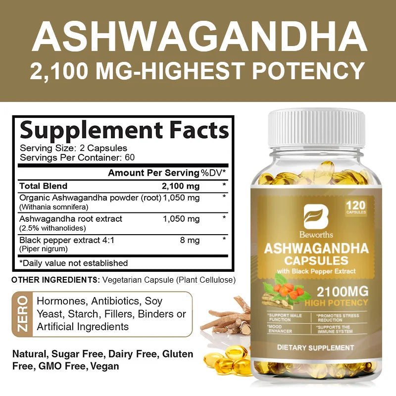 BEWORTHS Ashwagandha Root Extract Capsules for Sleep Support, Stress Relief and Mood Balance