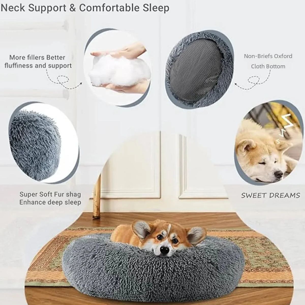 Super Soft Round Dog Bed, Warm Plush Pet House for Medium & Large Dogs, 6 Sizes