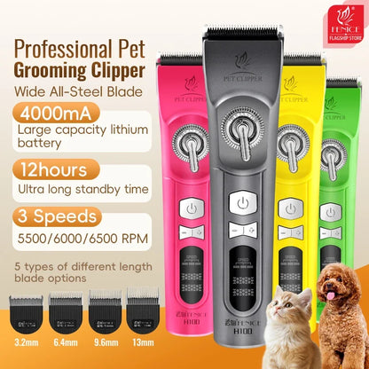 Fenice H100 Cordless Rechargeable Pet Hair Clipper, Low-Noise Dog & Cat Grooming Trimmer