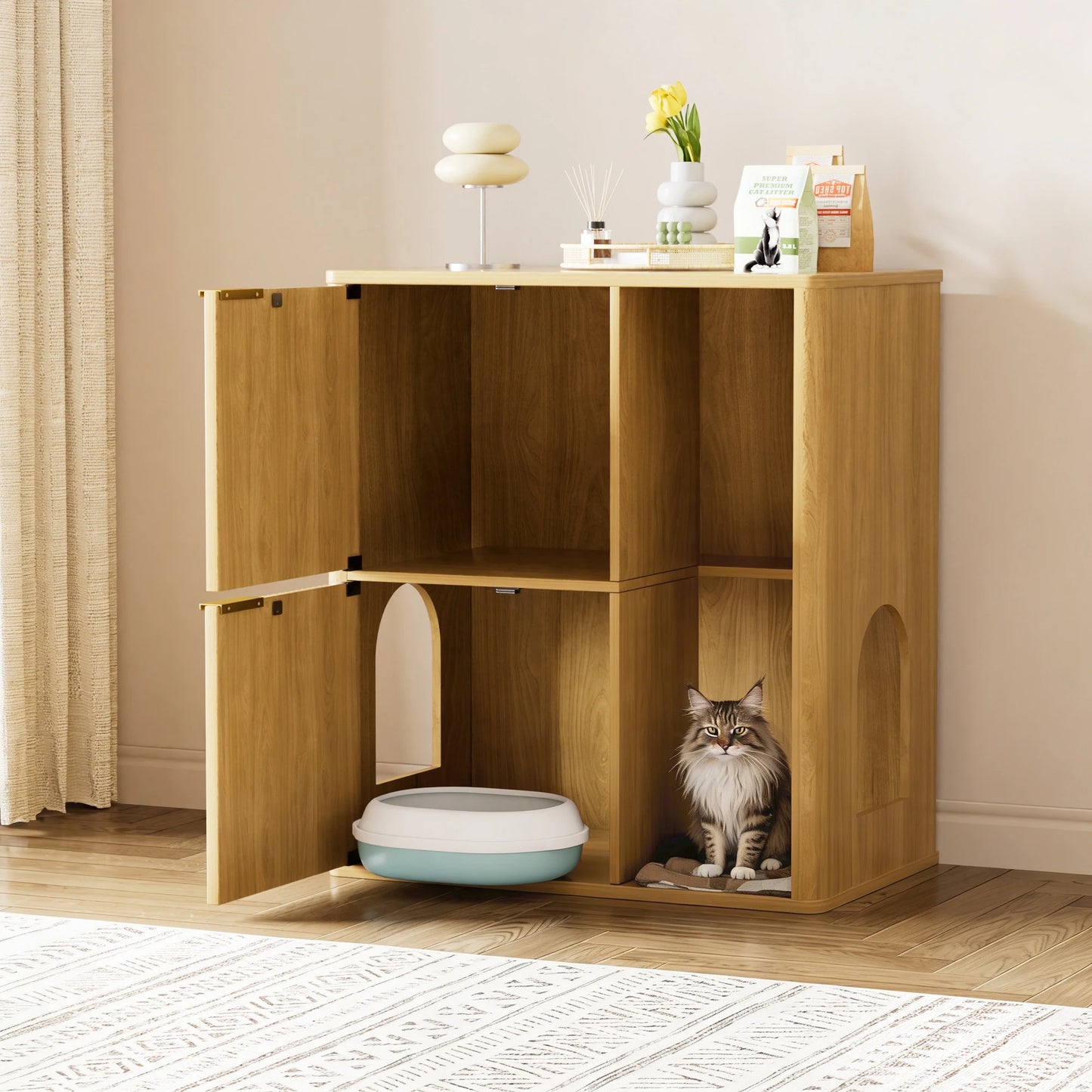 Multi-Functional Cat Litter Cabinet with Cat Tree, Hidden Litter Box Enclosure, Dual Doors & Storage Shelves for Home