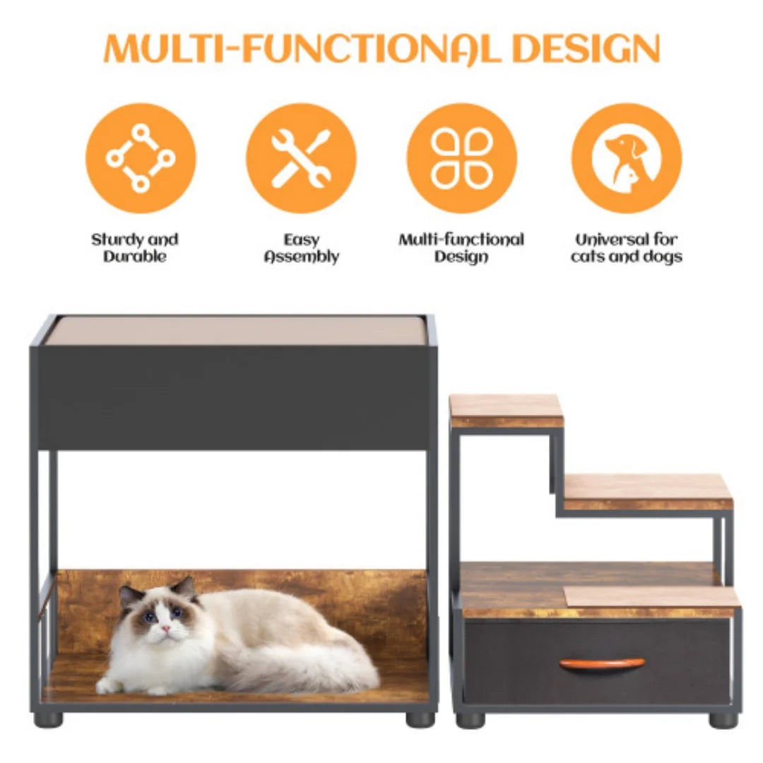 Multi-Level Dog Bunk Bed with Steps & Storage Drawer, Elevated Pet Lounge for Small & Medium Dogs & Cats - Bond Well Supplies