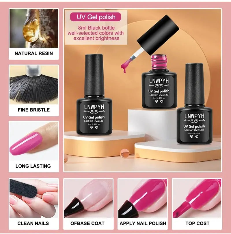 LNWPYH 26-Color Semi-Permanent Gel Polish Set, UV LED Soak-Off Nail Varnish with Base & Top Coat - Bond Well Supplies