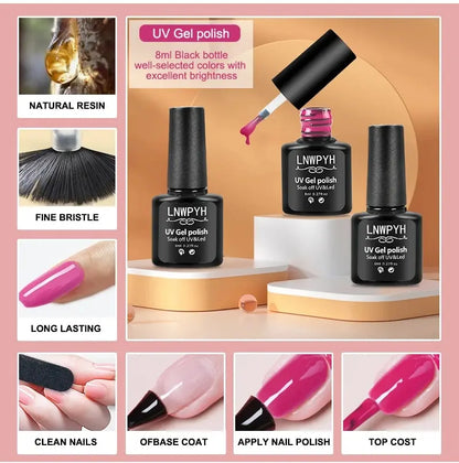 LNWPYH 26-Color Semi-Permanent Gel Polish Set, UV LED Soak-Off Nail Varnish with Base & Top Coat - Bond Well Supplies