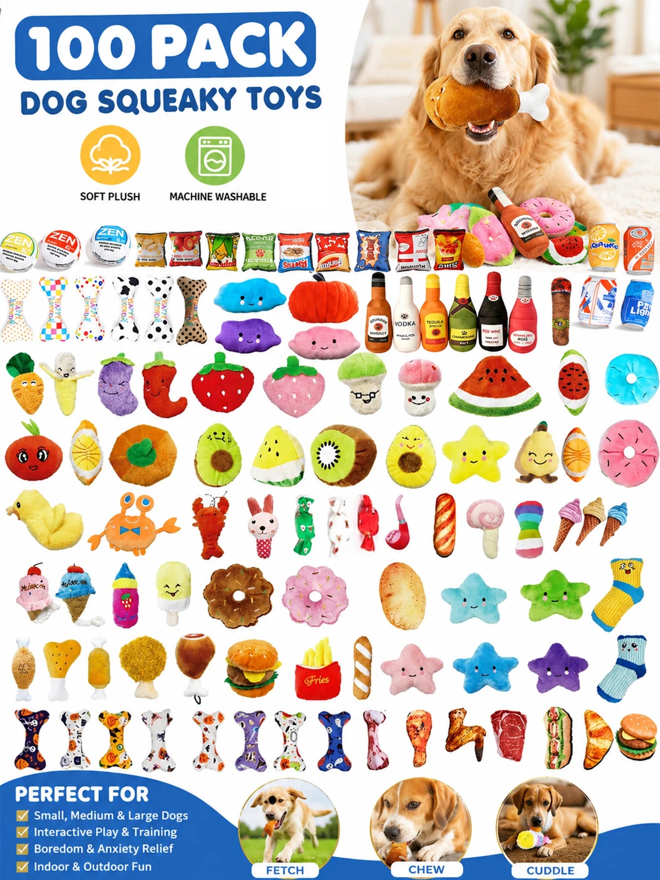 Large 100-Piece Dog Toy Set, Assorted Plush, TPR Chew, Knot & Squeaky Toys for Interactive Play