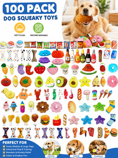 Large 100-Piece Dog Toy Set, Assorted Plush, TPR Chew, Knot & Squeaky Toys for Interactive Play