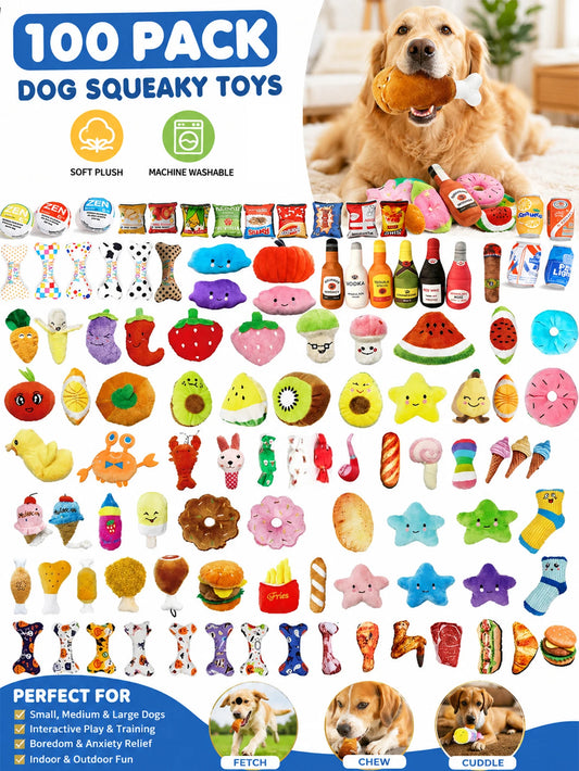 Large 100-Piece Dog Toy Set, Assorted Plush, TPR Chew, Knot & Squeaky Toys for Interactive Play