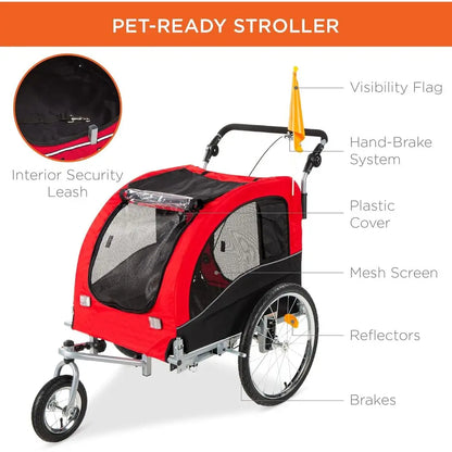 Pet Bike Trailer for Dogs, 2-in-1 Bicycle Carrier & Stroller with Hitch, Suspension and Safety Flag, 66 lb Capacity
