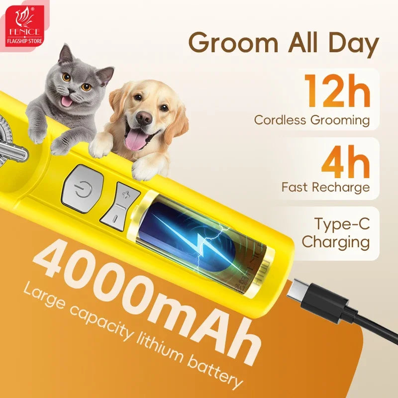 Fenice H100 Cordless Rechargeable Pet Hair Clipper, Low-Noise Dog & Cat Grooming Trimmer