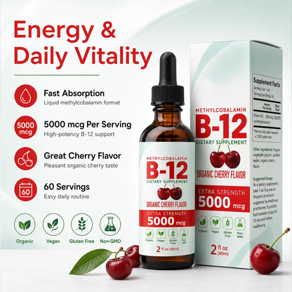 Vitamin B12 Liquid Supplement 5000mcg, Methylcobalamin Sublingual Drops, Cherry Flavor, Vegan & Sugar-Free, 60ml - Bond Well Supplies