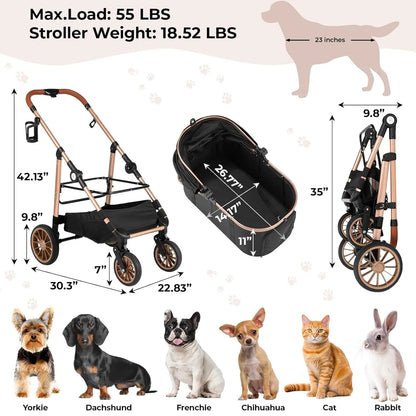 All-Terrain 3-in-1 Dog & Cat Stroller, Foldable Pet Carrier with Storage Basket & Cup Holder for Pets Up to 55 lbs
