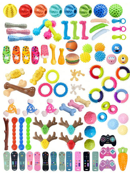 Large 100-Piece Dog Toy Set, Assorted Plush, TPR Chew, Knot & Squeaky Toys for Interactive Play