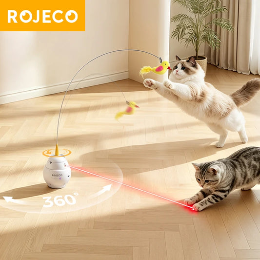 OJECO Automatic Cat Toy, 2-in-1 Interactive Laser & Feather Teaser with Suction Cup Mount for Indoor Cats - Bond Well Supplies