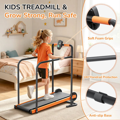 Kids Self-Propelled Walking Pad Treadmill, Non-Electric Indoor Exercise Equipment with Padded Front Handlebar
