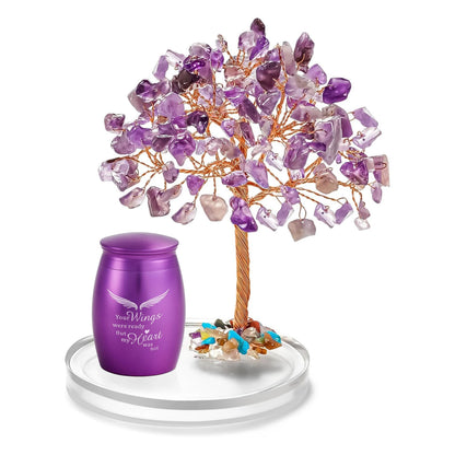 Angel Wings Keepsake Urns for Ashes, Set of 2 Mini Urns with Amethyst Crystal Tree