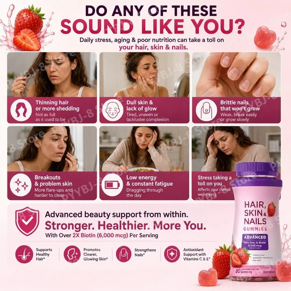 Strawberry Biotin Gummies 6000mcg, Vitamin Support Supplement for Healthy-Looking Hair, Skin & Nails, 80 Count - Bond Well Supplies